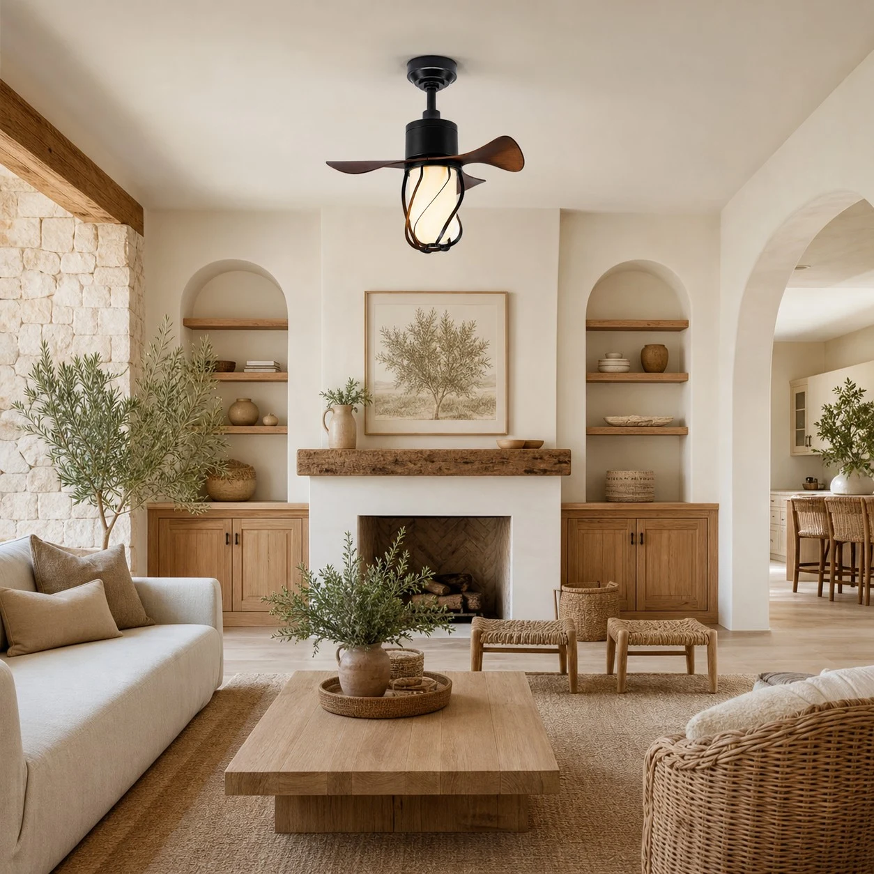 black wood tone ceiling fan light in a warm lounge space