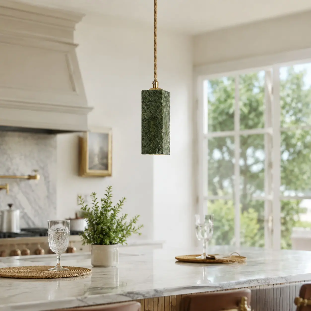 Green jade pendant light in a bright kitchen