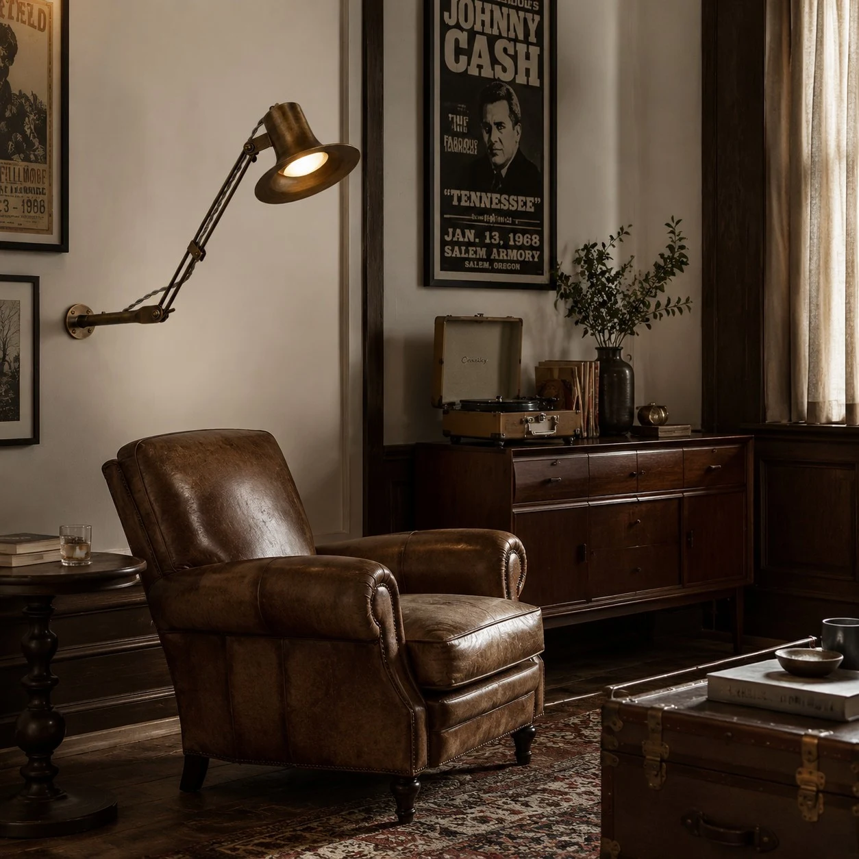 Antique Brass folding wall lamp in a warm reading room