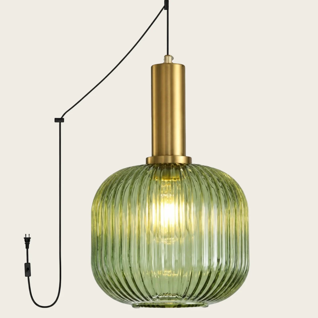 Green Model B Large ribbed glass plug-in pendant light