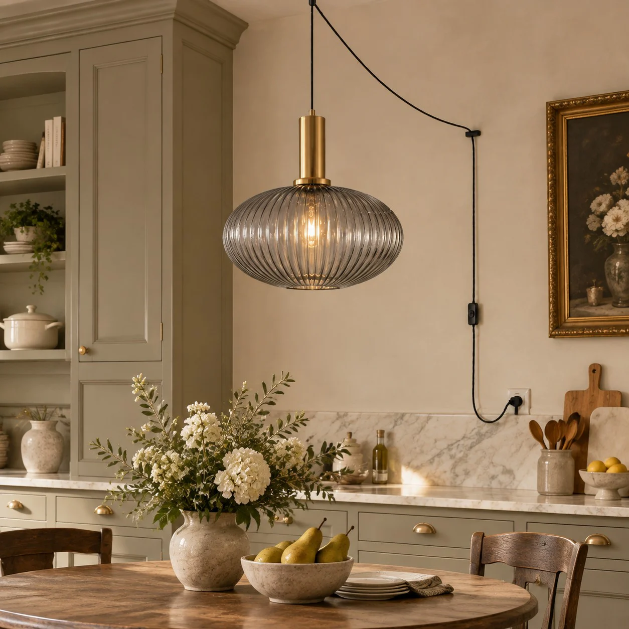 Retro ribbed glass plug-in pendant light in a home interior