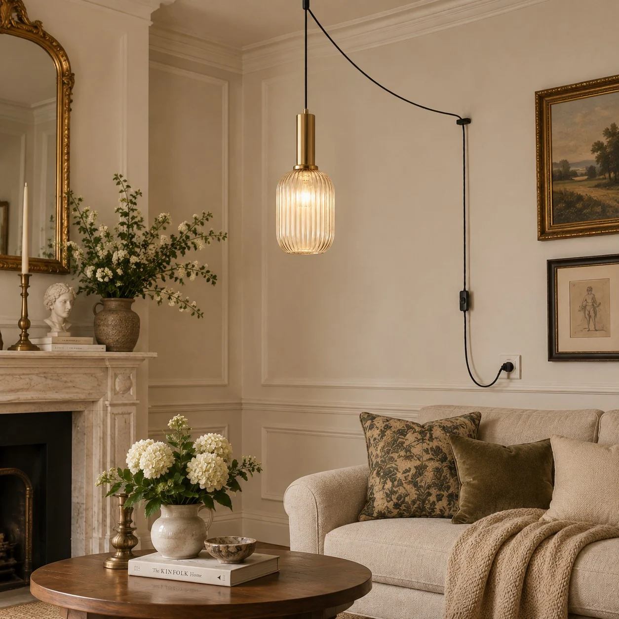 Retro ribbed glass plug-in pendant light in a home interior