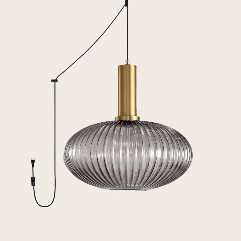 Smoky Grey Model C ribbed glass plug-in pendant light