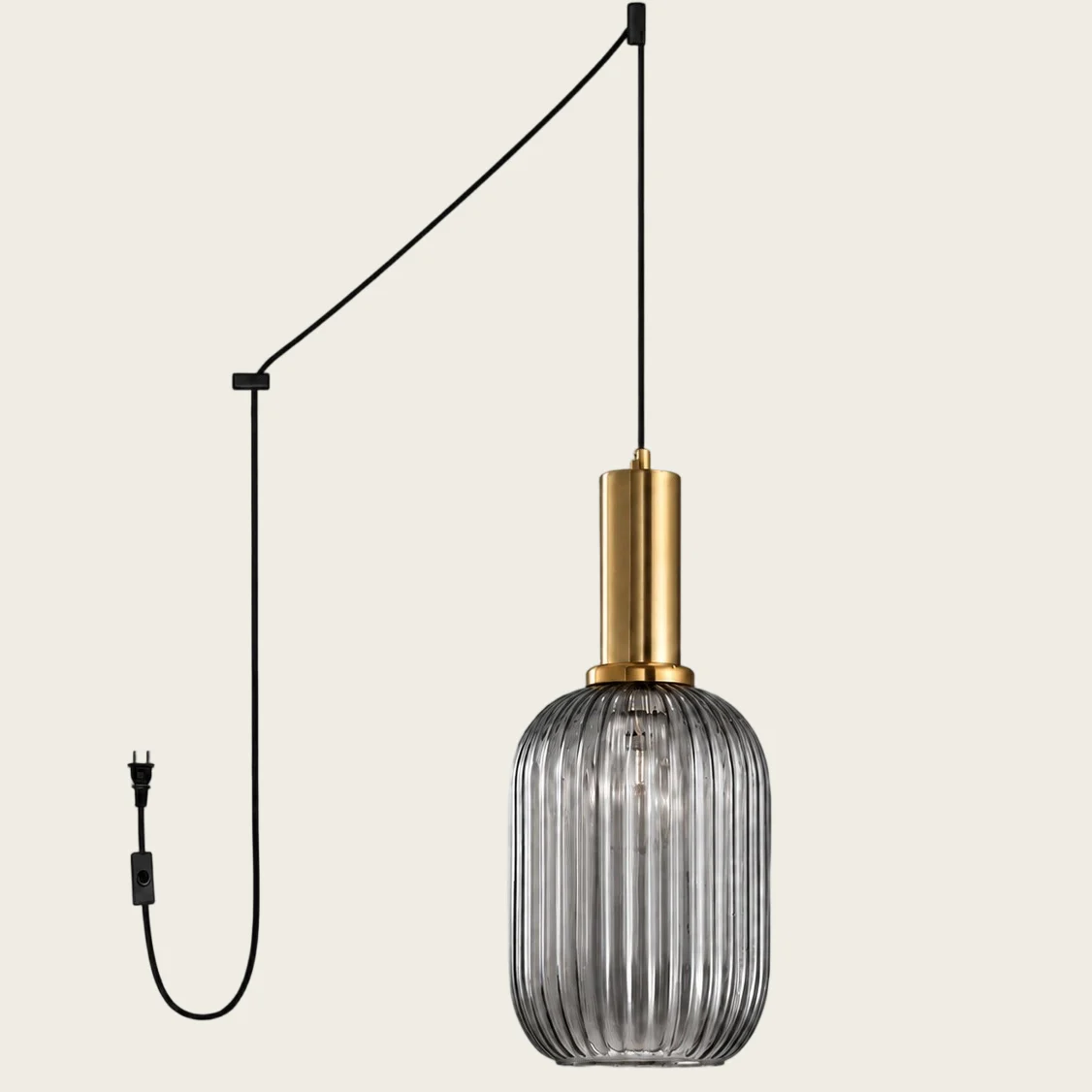Smoky Grey Model A Large ribbed glass plug-in pendant light