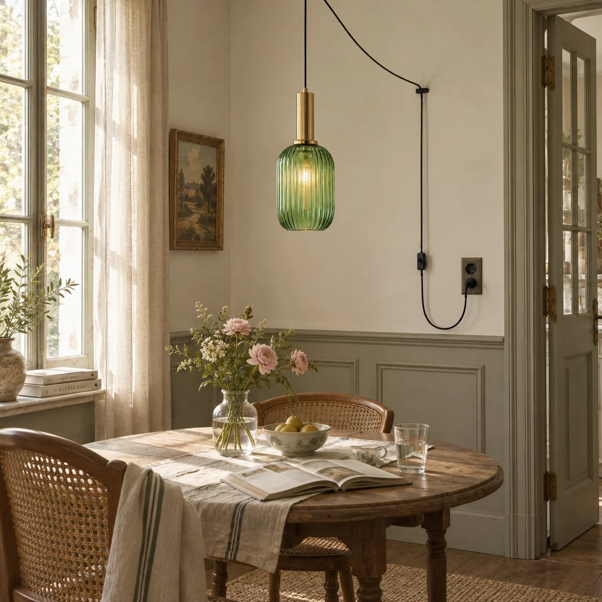 Retro ribbed glass plug-in pendant light in a home interior