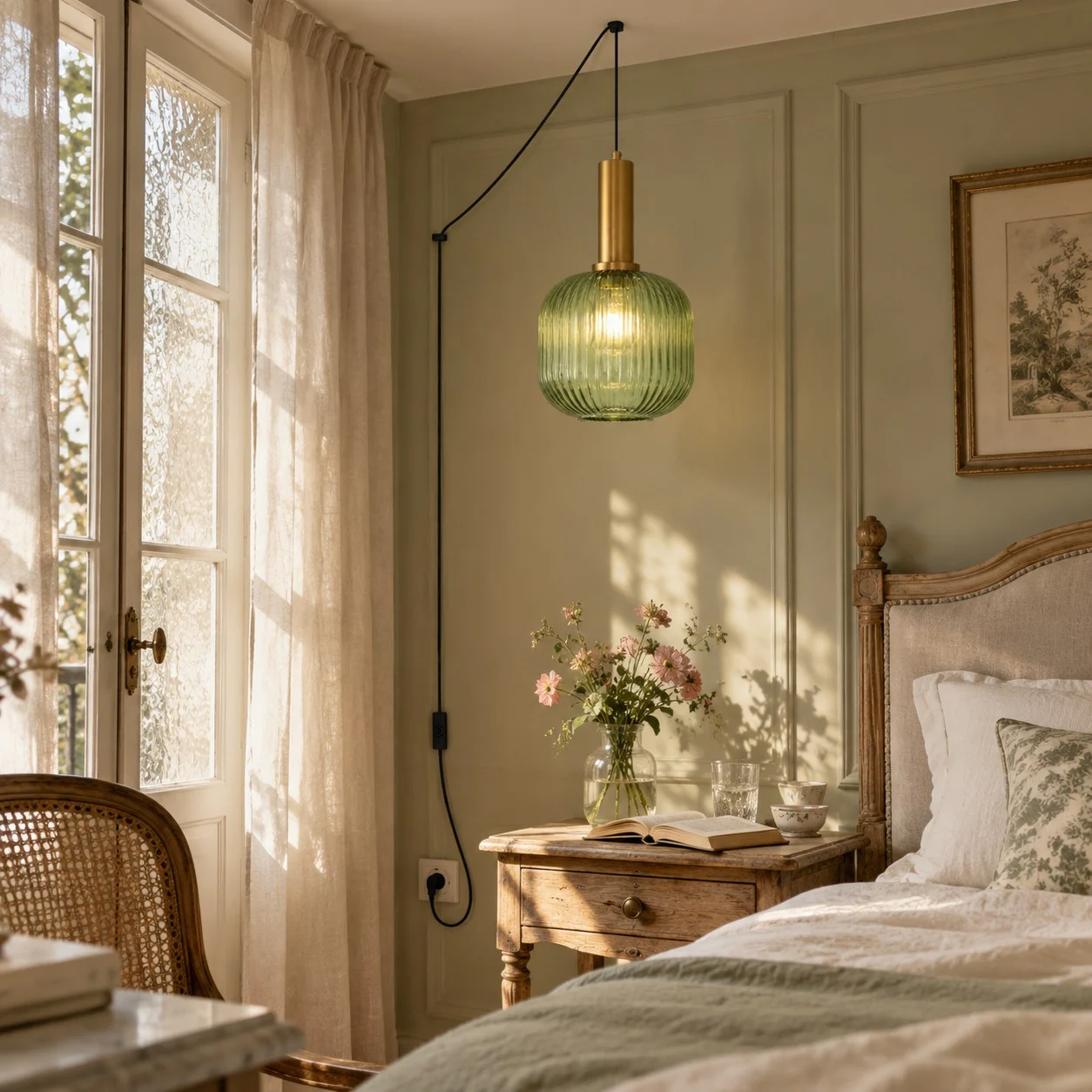 Retro ribbed glass plug-in pendant light in a home interior