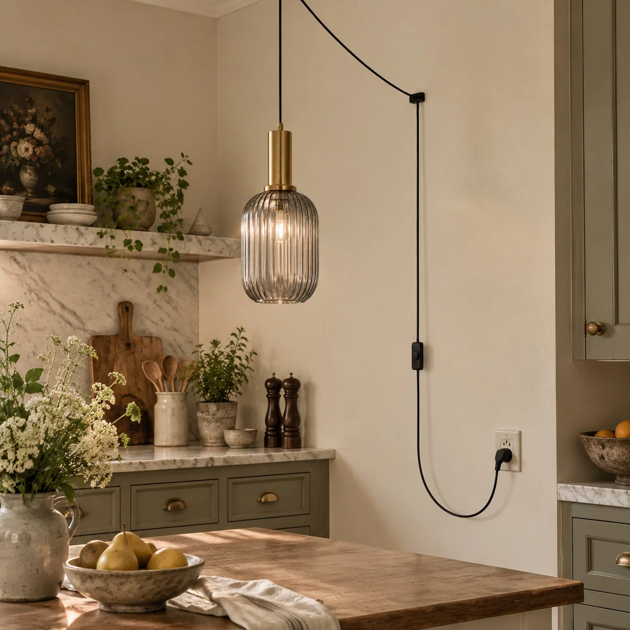 Retro ribbed glass plug-in pendant light in a home interior