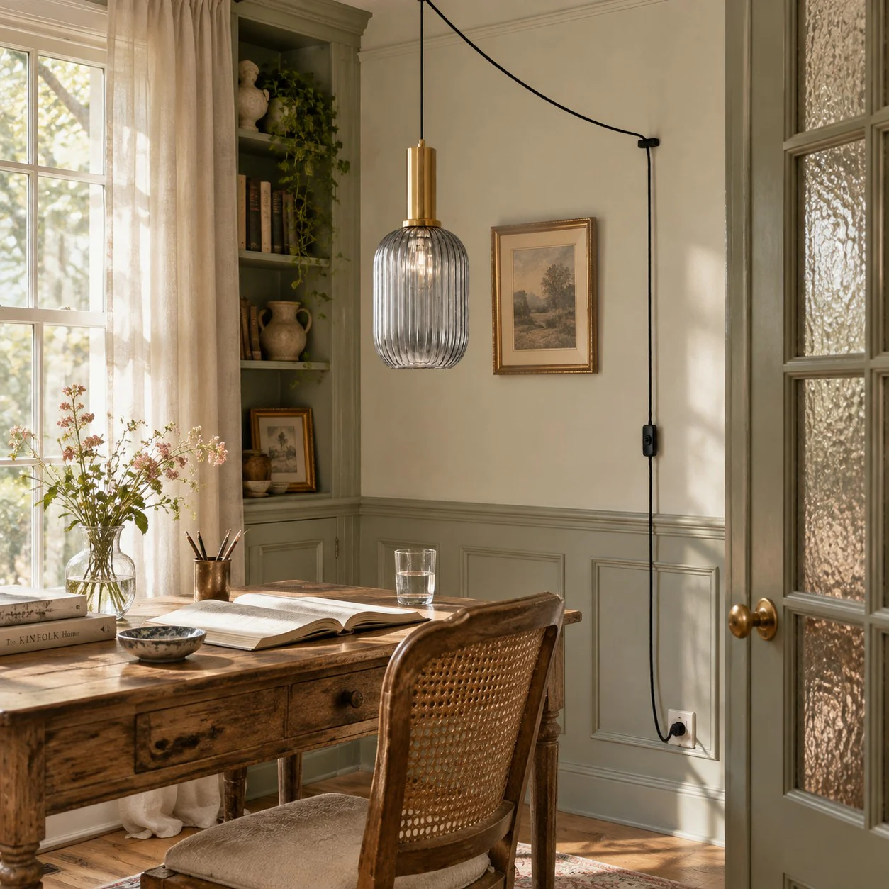 Retro ribbed glass plug-in pendant light in a home interior