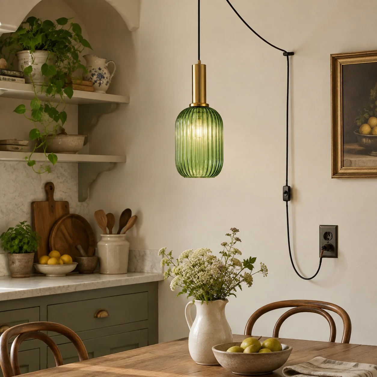 Retro ribbed glass plug-in pendant light in a home interior