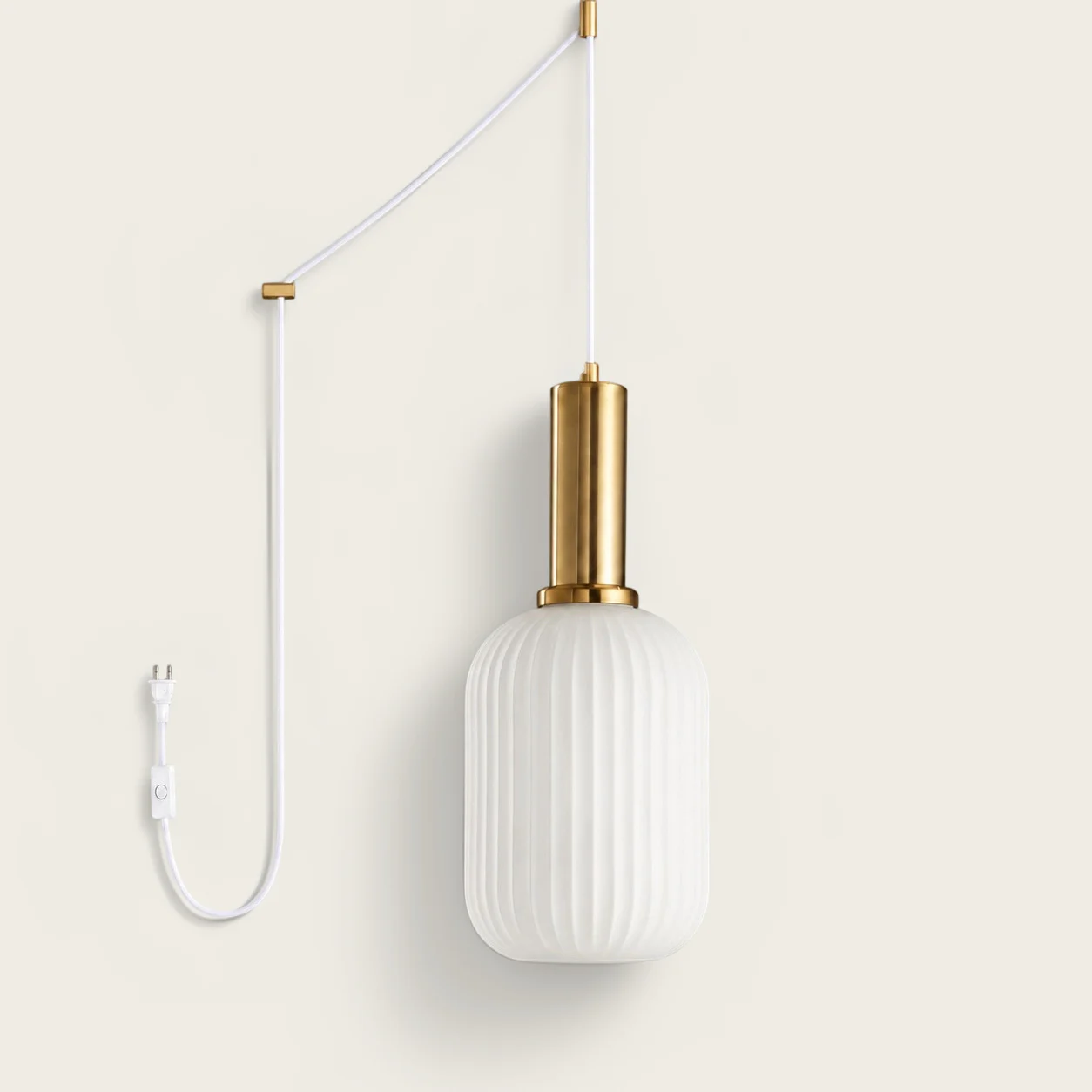 White Model A Small ribbed glass plug-in pendant light