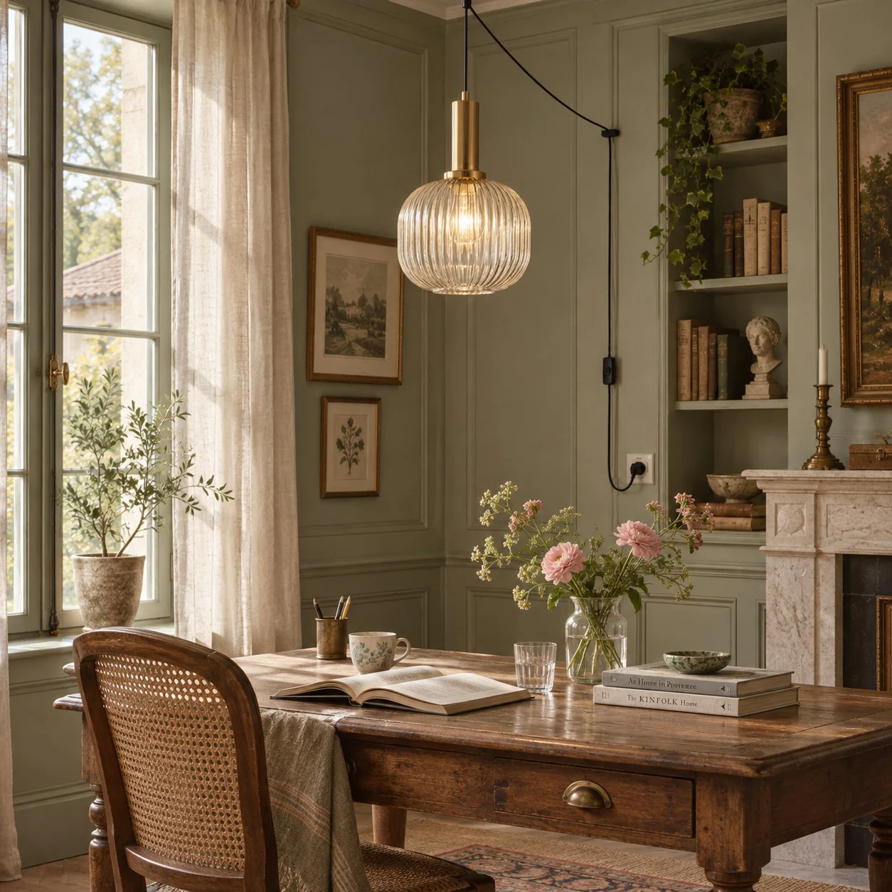 Retro ribbed glass plug-in pendant light in a home interior