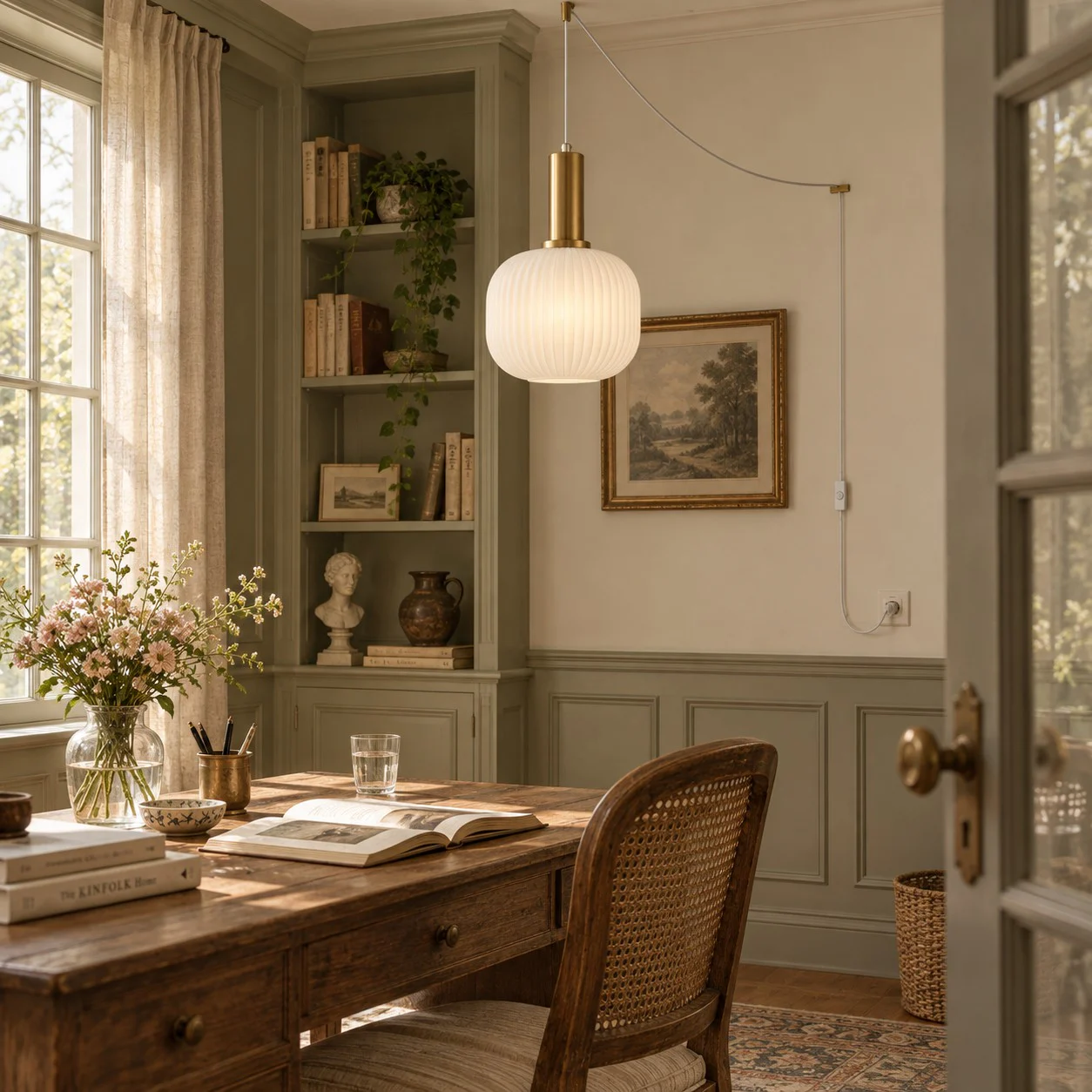 Retro ribbed glass plug-in pendant light in a home interior
