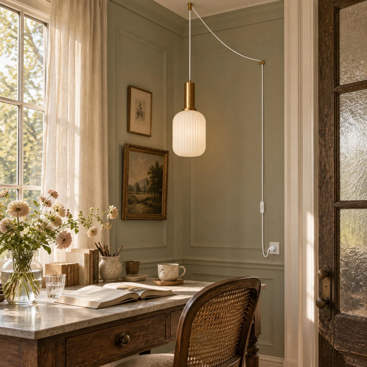 Retro ribbed glass plug-in pendant light in a home interior