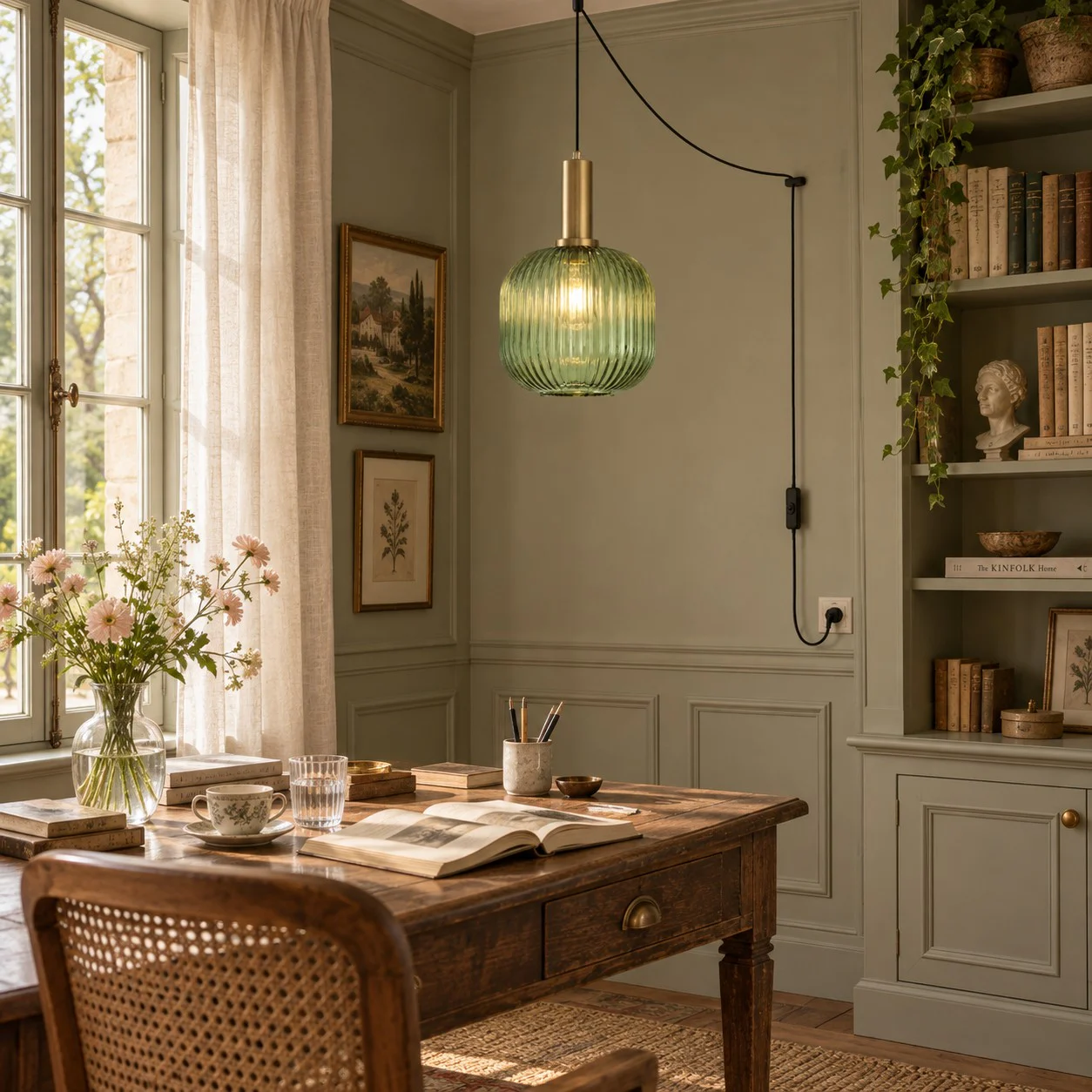 Retro ribbed glass plug-in pendant light in a home interior