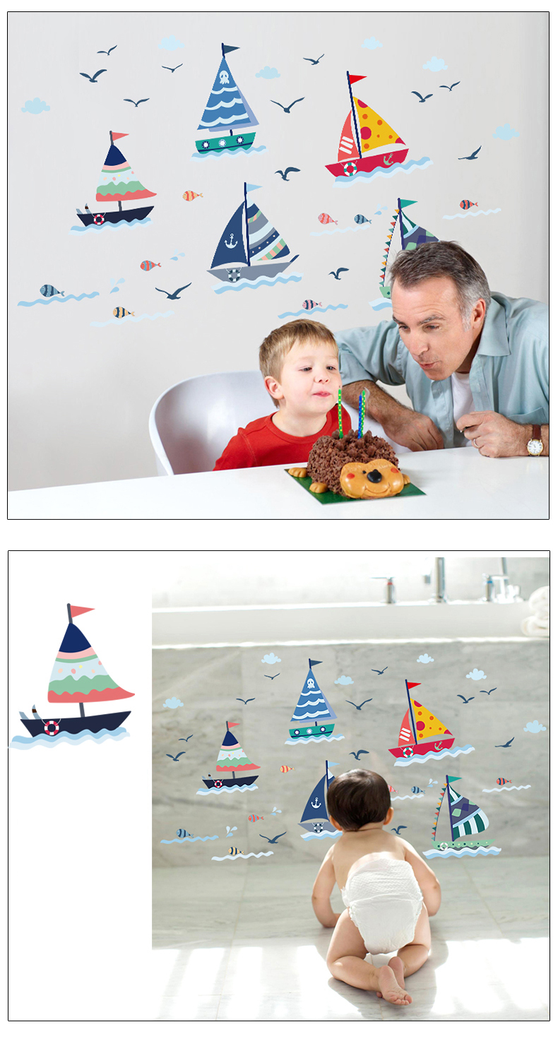 Cartoon Sailboat With Sea View Wall Sticker For Kids Room babiesdecor.myshopify.com