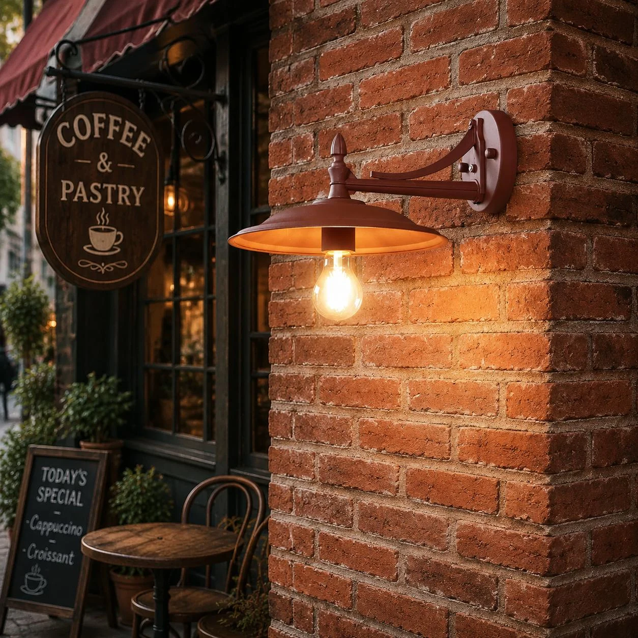 Coffee Brown wall sconce beside a cafe style brick exterior