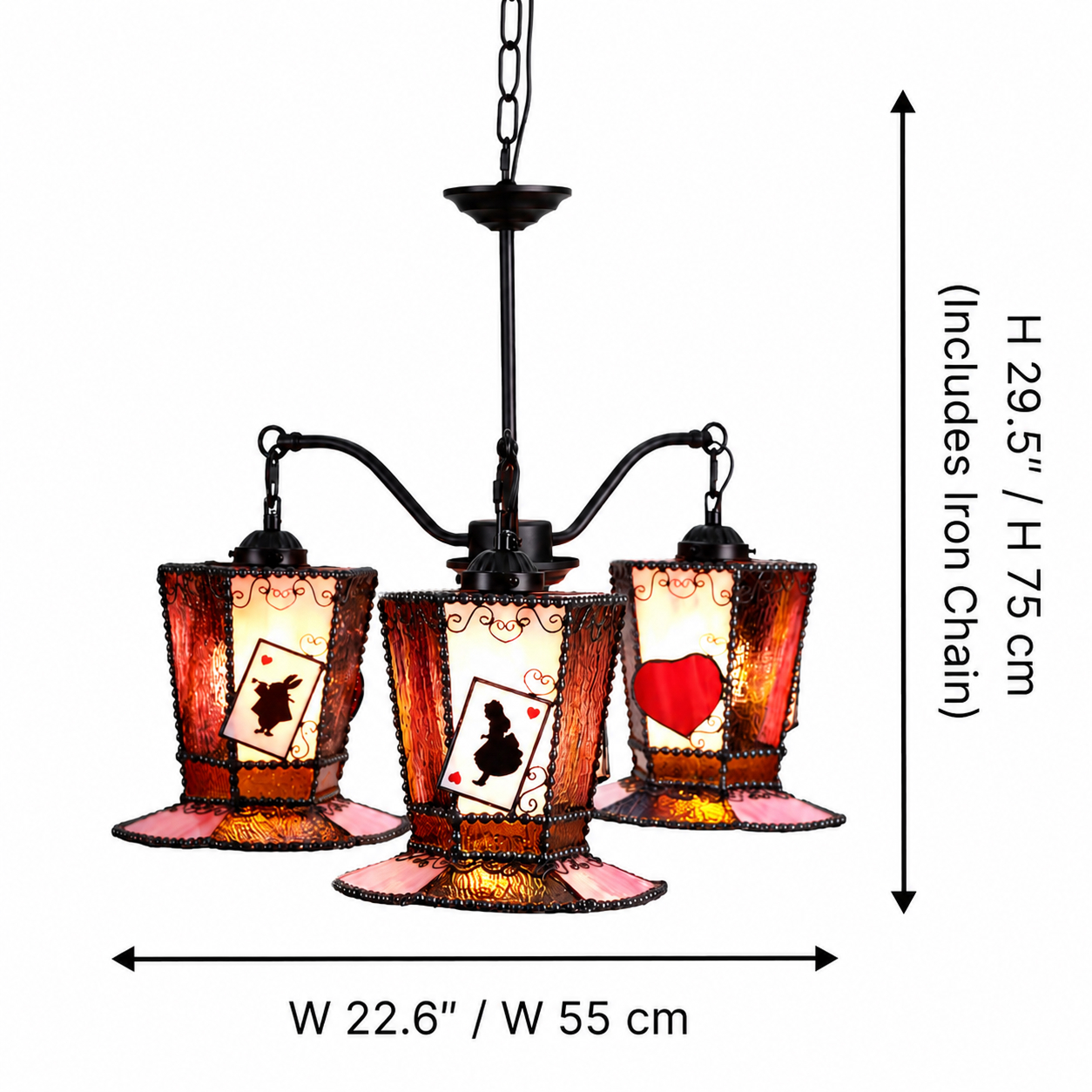 Chandelier dimensions showing 22.6 inch width and 29.5 inch height including iron chain