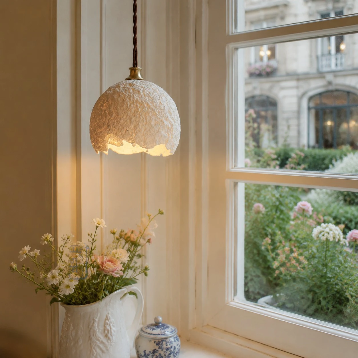 wabi-sabi rice rice paper pendant light in a warm interior scene