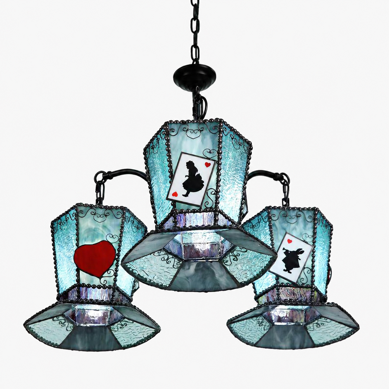 Aqua blue chandelier shade underside showing glass structure and black metal frame