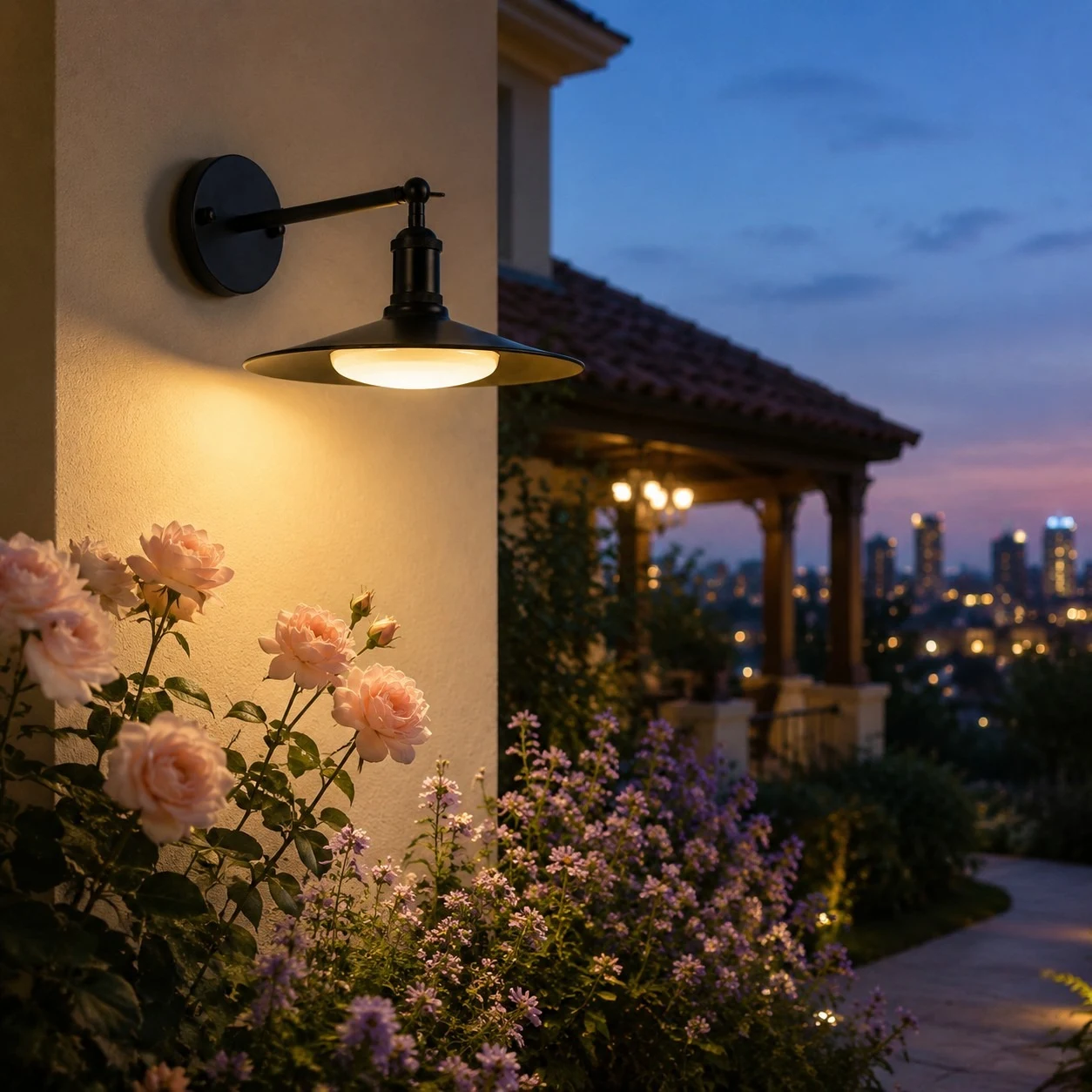 Black outdoor wall lamp illuminating a garden entrance at dusk