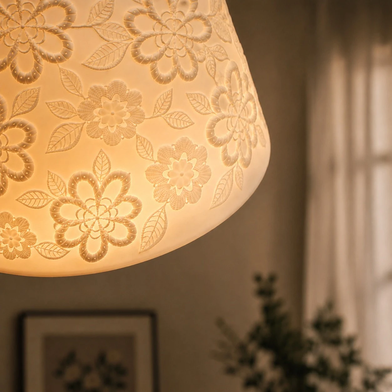 Floral ceramic relief glowing warmly