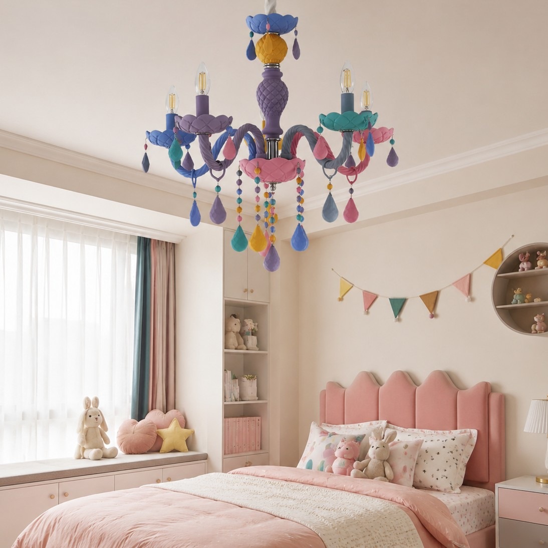 Colorful kids room chandelier installed above a pastel bedroom
